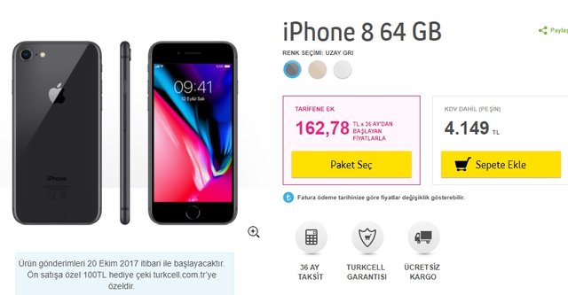 Apple iPhone 8 Turkcell fiyatı